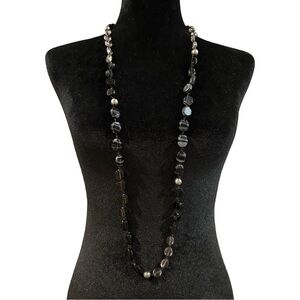 Long Necklace Mixed Beads Glass Acrylic Black Gray Silver Tones 40 Inch
